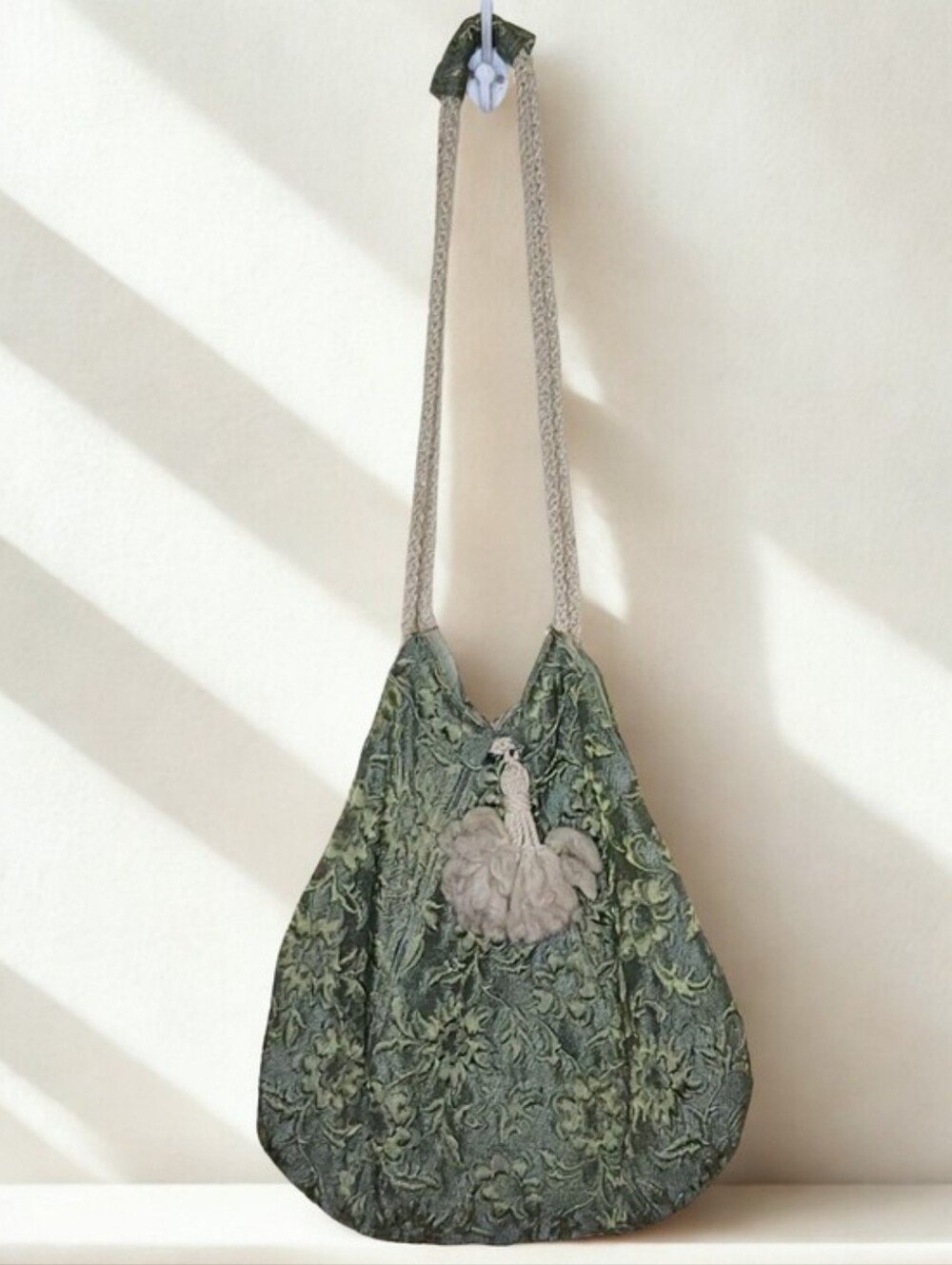 Vintage Handcrafted Green Floral Tapestry Hobo Bag Drawstring Tassel